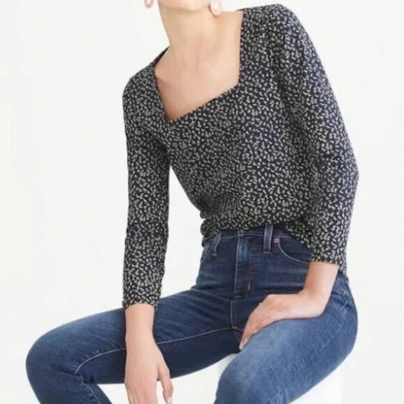 J. Crew Navy Blue Micro Floral Square Neck Long Sleeve Cottagecore Tee Small - Picture 2 of 8